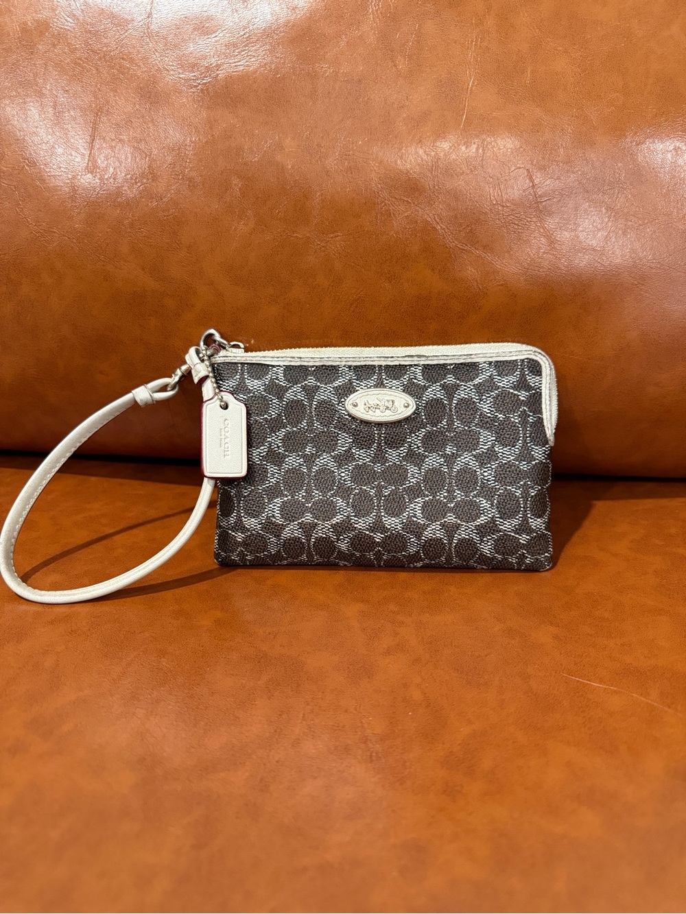 Coach Brown Signature Canvas Wristlet with Cream Trim